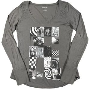 Hurley size medium grey long sleeve scoop neck shirt with image, thin material